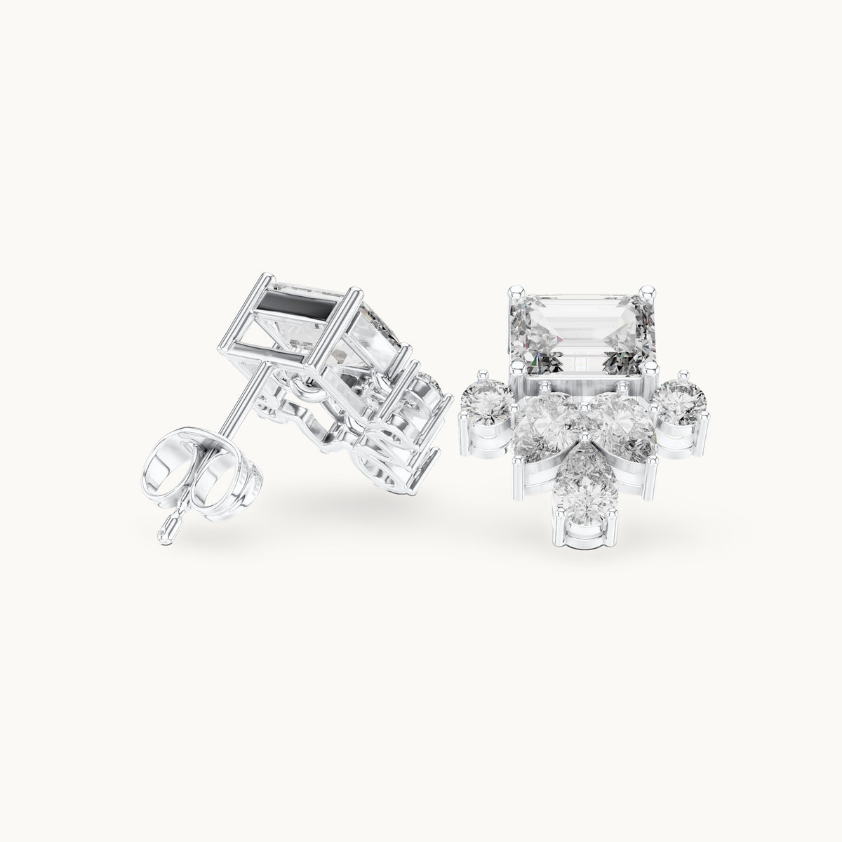 Emerald-cut, pear and round lab-grown diamond cluster stud earrings in white gold, 3.19 CT TW, view 1