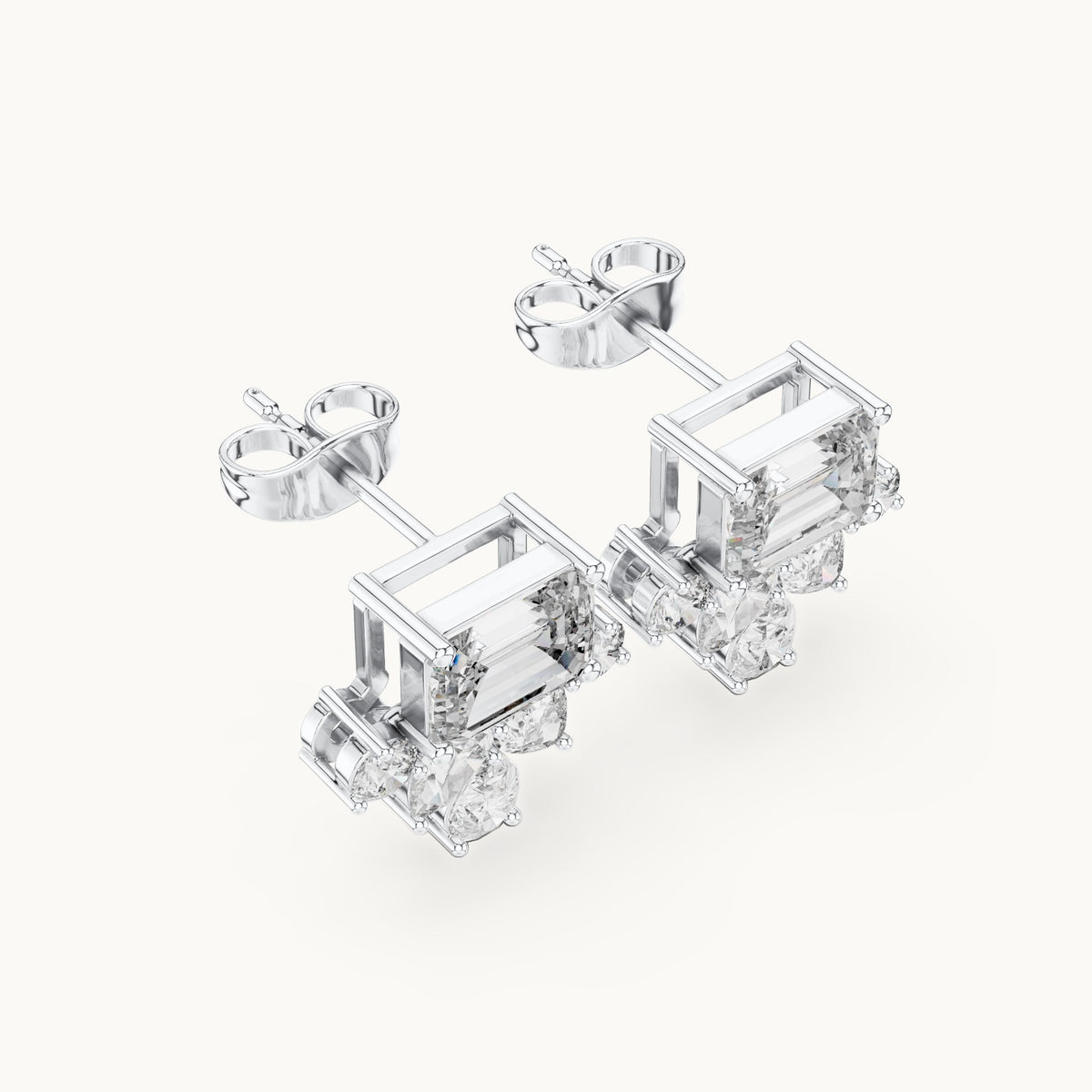 Emerald-cut, pear and round lab-grown diamond cluster stud earrings in white gold, 3.19 CT TW, view 2