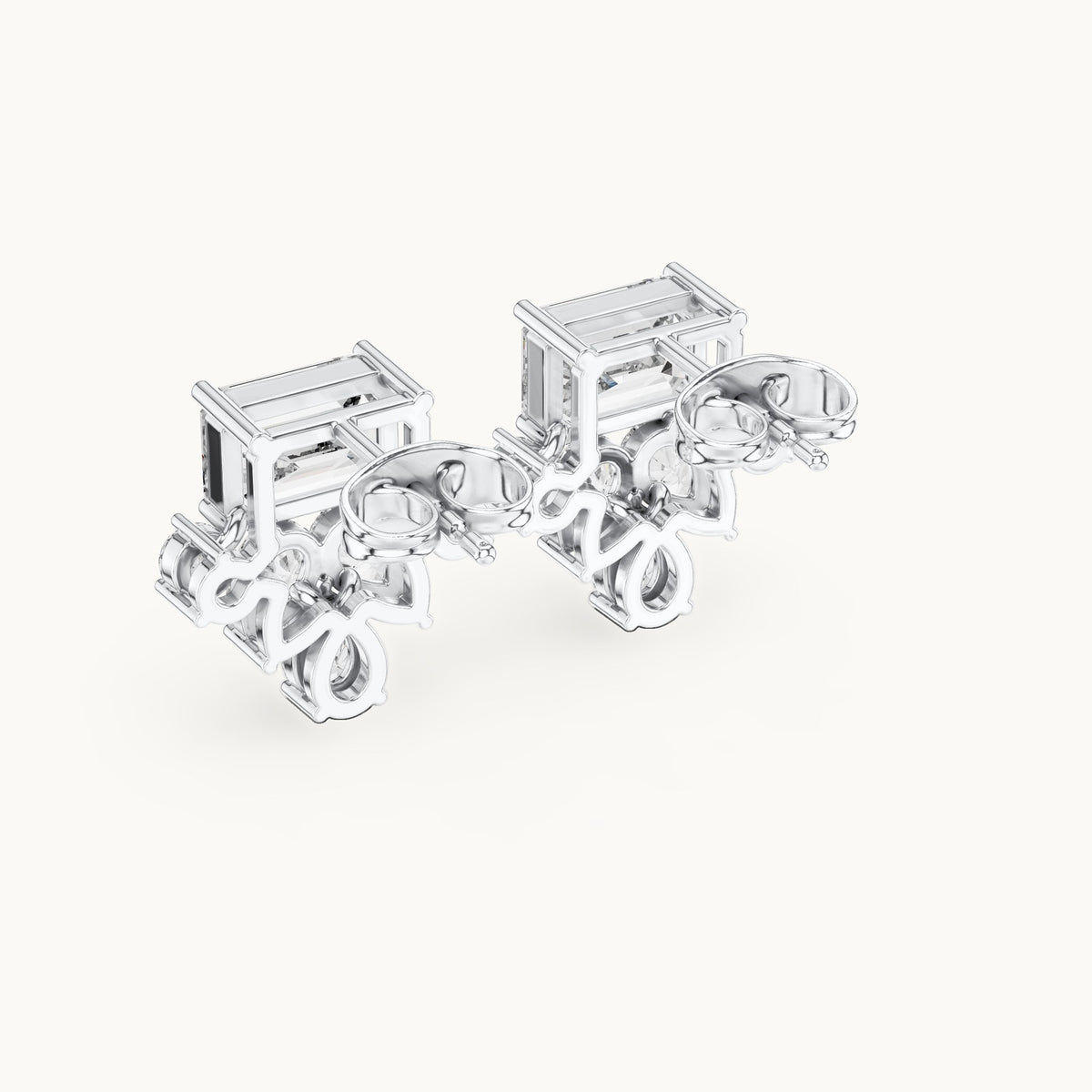 Emerald-cut, pear and round lab-grown diamond cluster stud earrings in white gold, 3.19 CT TW, view 3