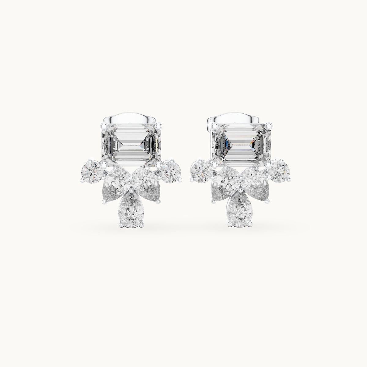 Emerald-cut, pear and round lab-grown diamond cluster stud earrings in white gold, 3.19 CT TW, view 4
