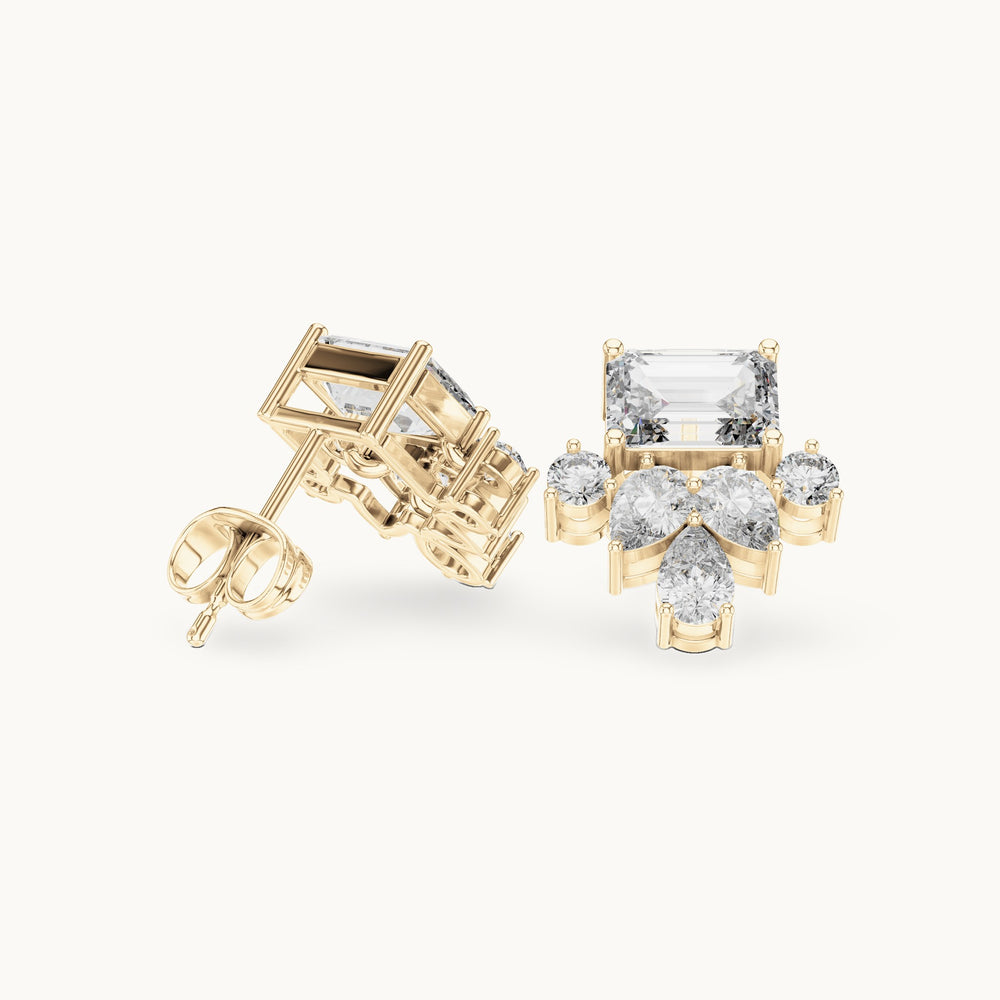 Emerald-cut, pear and round lab-grown diamond cluster stud earrings in yellow gold, 3.19 CT TW, view 1