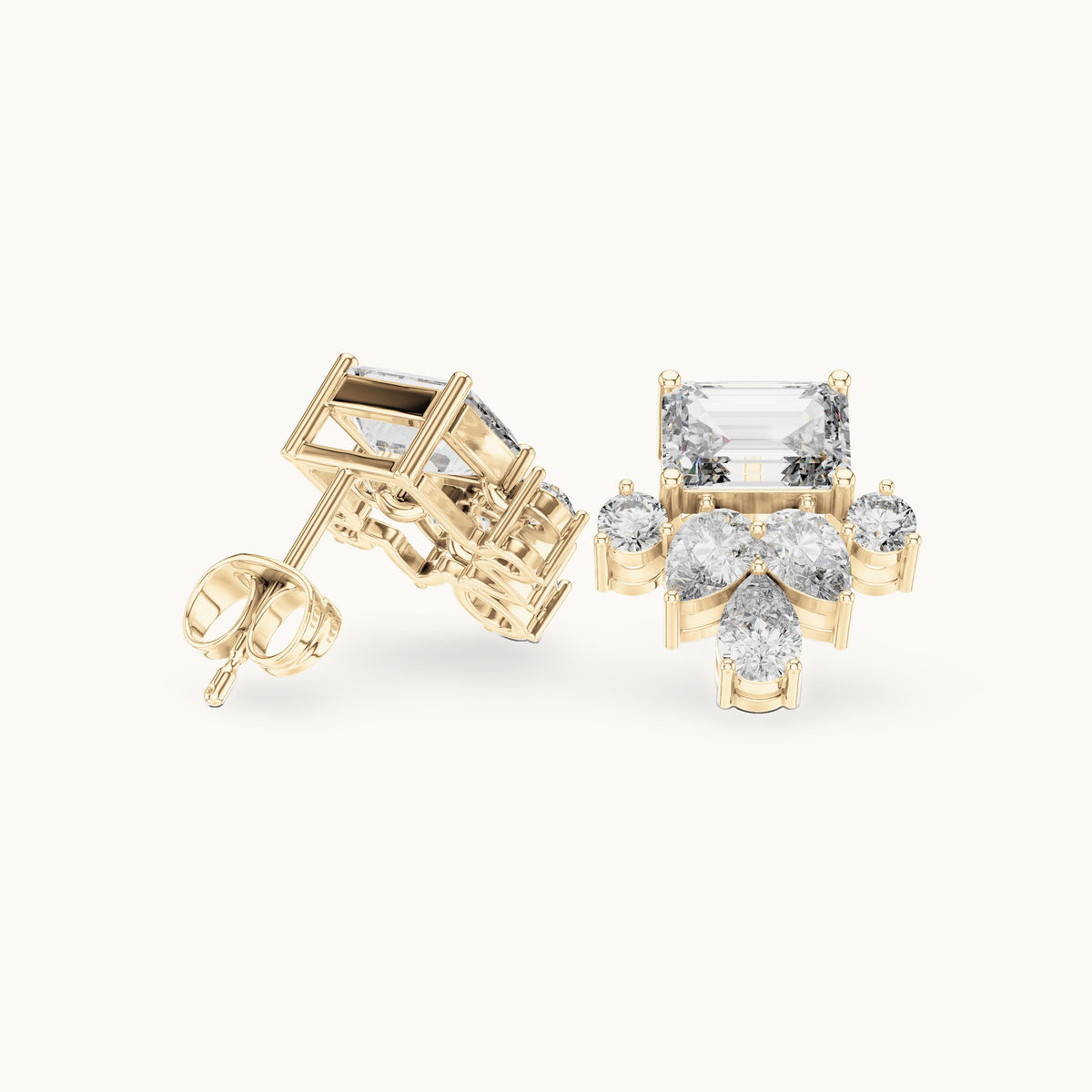 Emerald-cut, pear and round lab-grown diamond cluster stud earrings in yellow gold, 3.19 CT TW, view 1