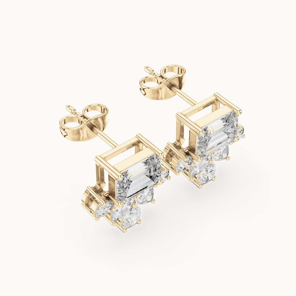 Emerald-cut, pear and round lab-grown diamond cluster stud earrings in yellow gold, 3.19 CT TW, view 2