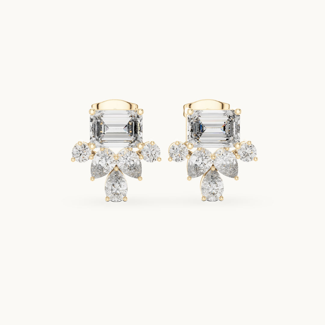 Emerald-cut, pear and round lab-grown diamond cluster stud earrings in yellow gold, 3.19 CT TW, view 4