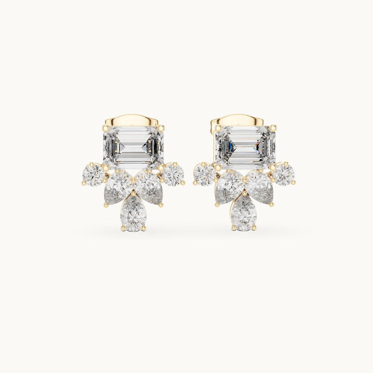 Emerald-cut, pear and round lab-grown diamond cluster stud earrings in yellow gold, 3.19 CT TW, view 4