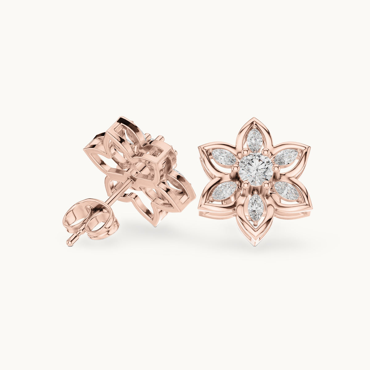 Round and marquise lab-grown diamond floral stud earrings in rose gold, 0.66 CT TW, view 1