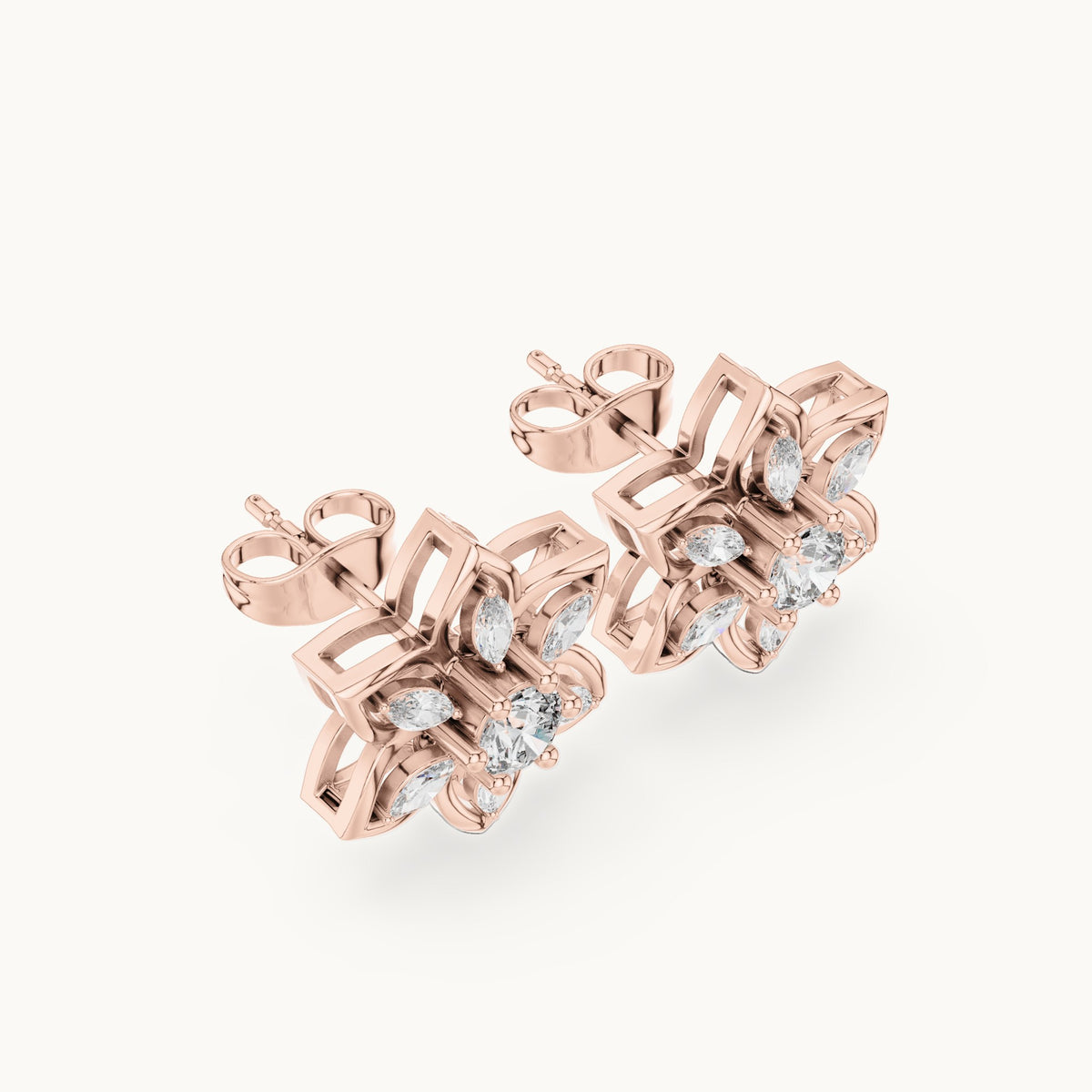 Round and marquise lab-grown diamond floral stud earrings in rose gold, 0.66 CT TW, view 2