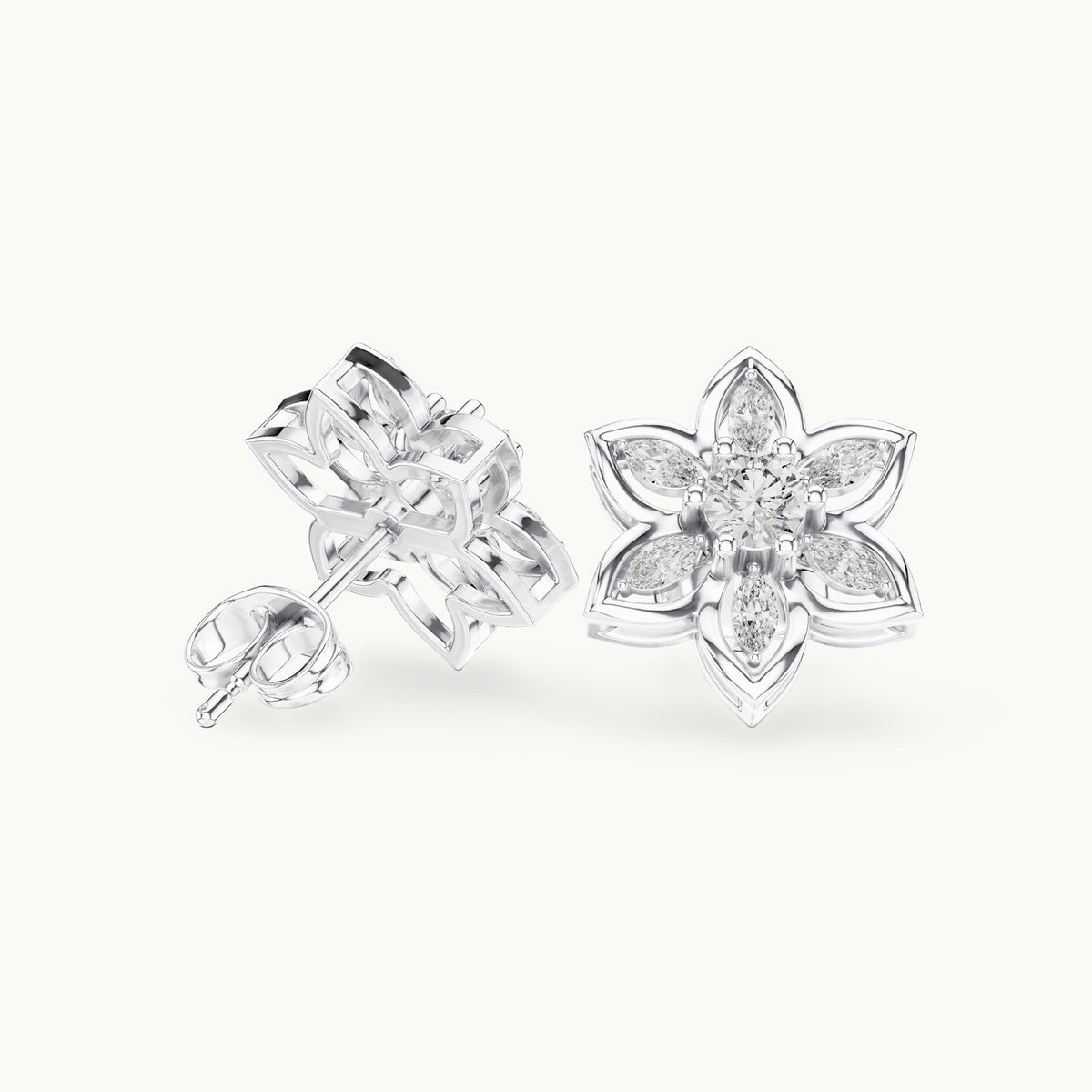 Round and marquise lab-grown diamond floral stud earrings in white gold, 0.66 CT TW, view 1
