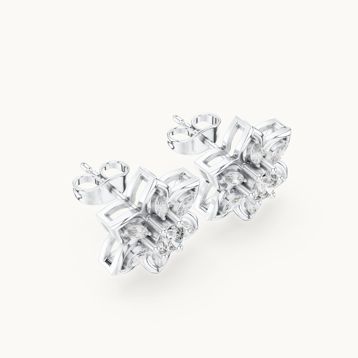 Round and marquise lab-grown diamond floral stud earrings in white gold, 0.66 CT TW, view 2