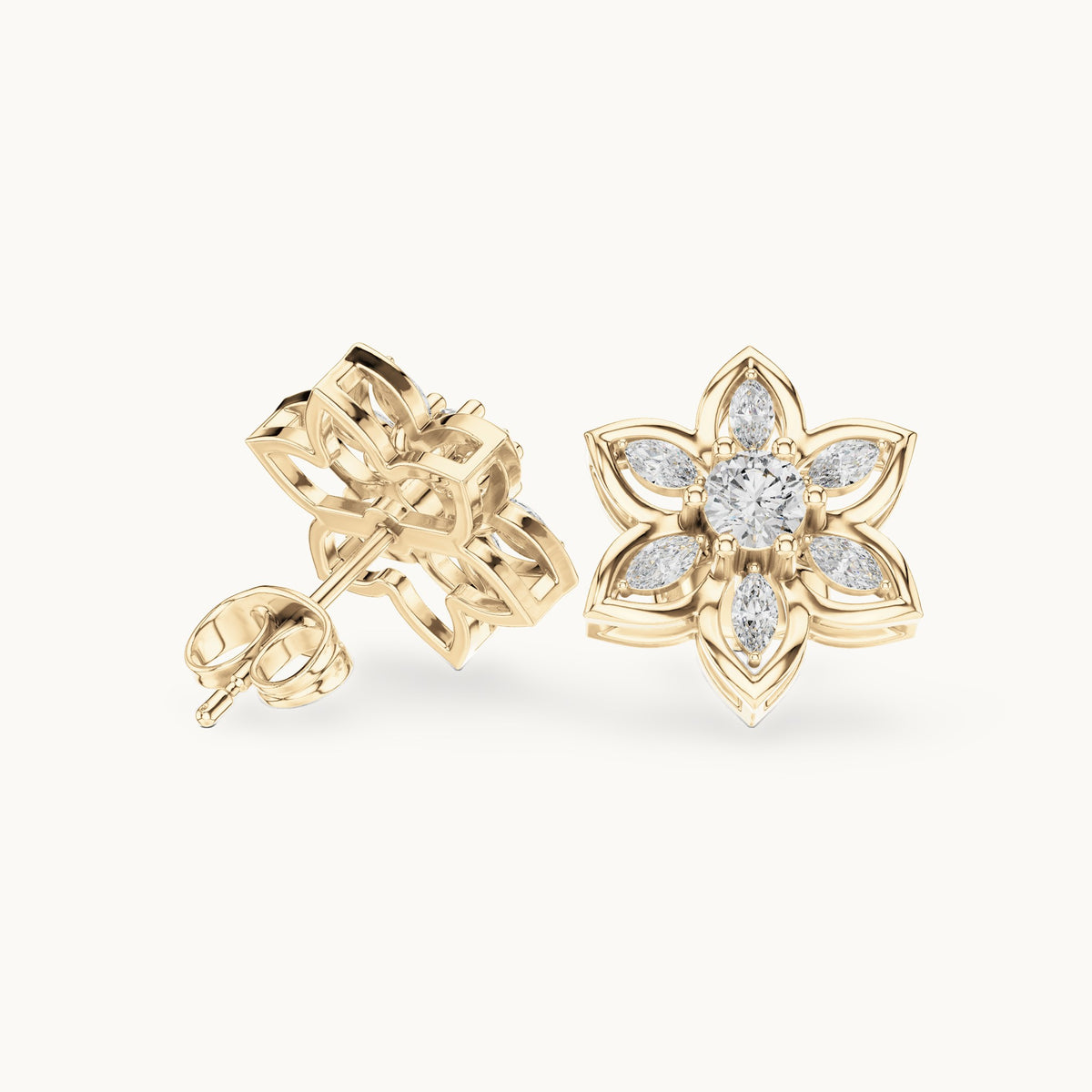 Round and marquise lab-grown diamond floral stud earrings in yellow gold, 0.66 CT TW, view 1