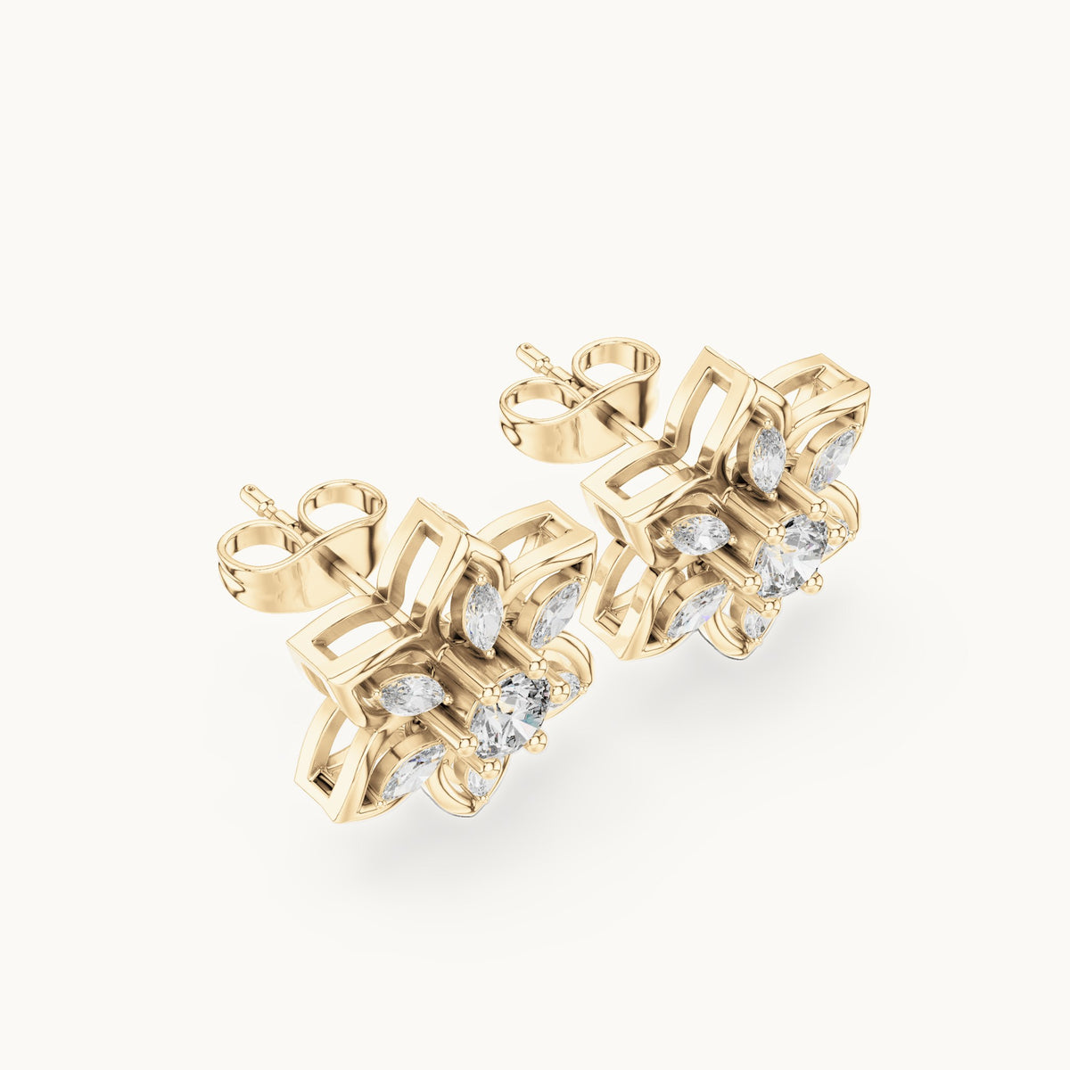 Round and marquise lab-grown diamond floral stud earrings in yellow gold, 0.66 CT TW, view 2