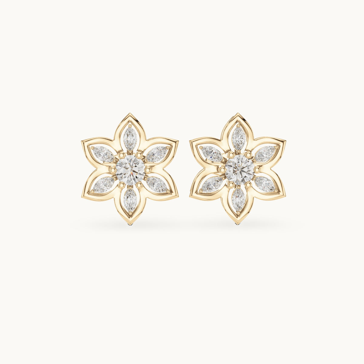 Round and marquise lab-grown diamond floral stud earrings in yellow gold, 0.66 CT TW, view 4