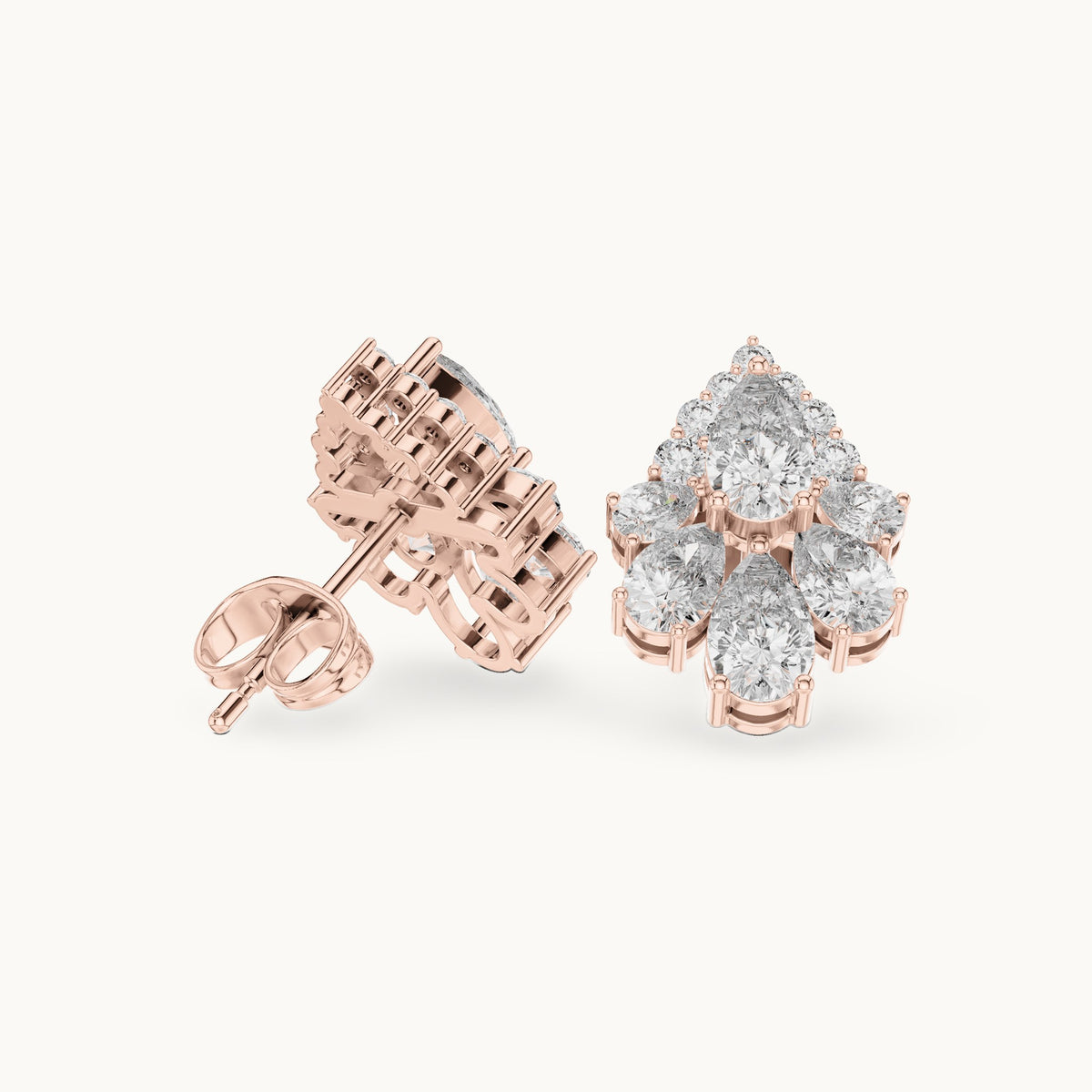 Pear and round lab-grown diamond teardrop cluster stud earrings in rose gold, 1.97 CT TW, view 1
