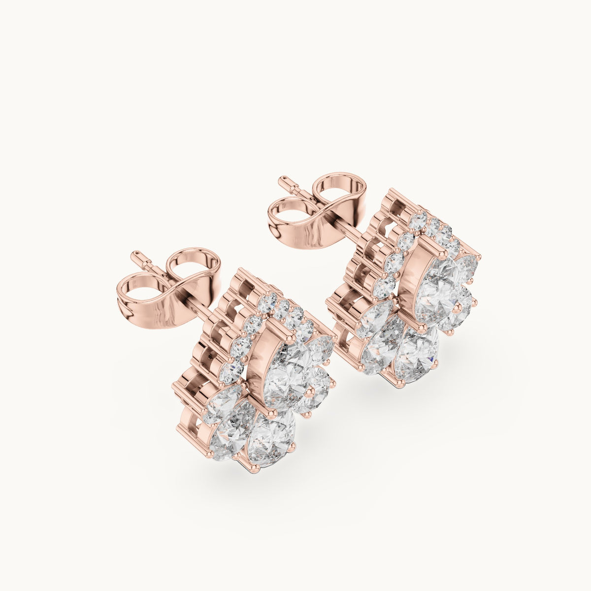 Pear and round lab-grown diamond teardrop cluster stud earrings in rose gold, 1.97 CT TW, view 2