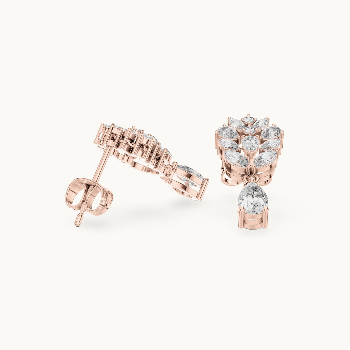 Pear, marquise and round lab-grown diamond cluster drop earrings in rose gold, 1.18 CT TW, view 1
