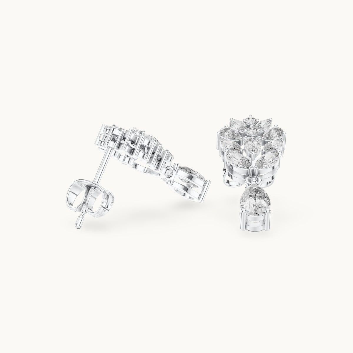 Pear, marquise and round lab-grown diamond cluster drop earrings in white gold, 1.18 CT TW, view 1