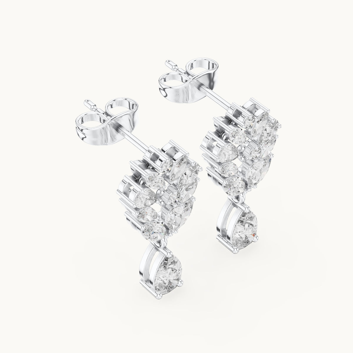 Pear, marquise and round lab-grown diamond cluster drop earrings in white gold, 1.18 CT TW, view 2