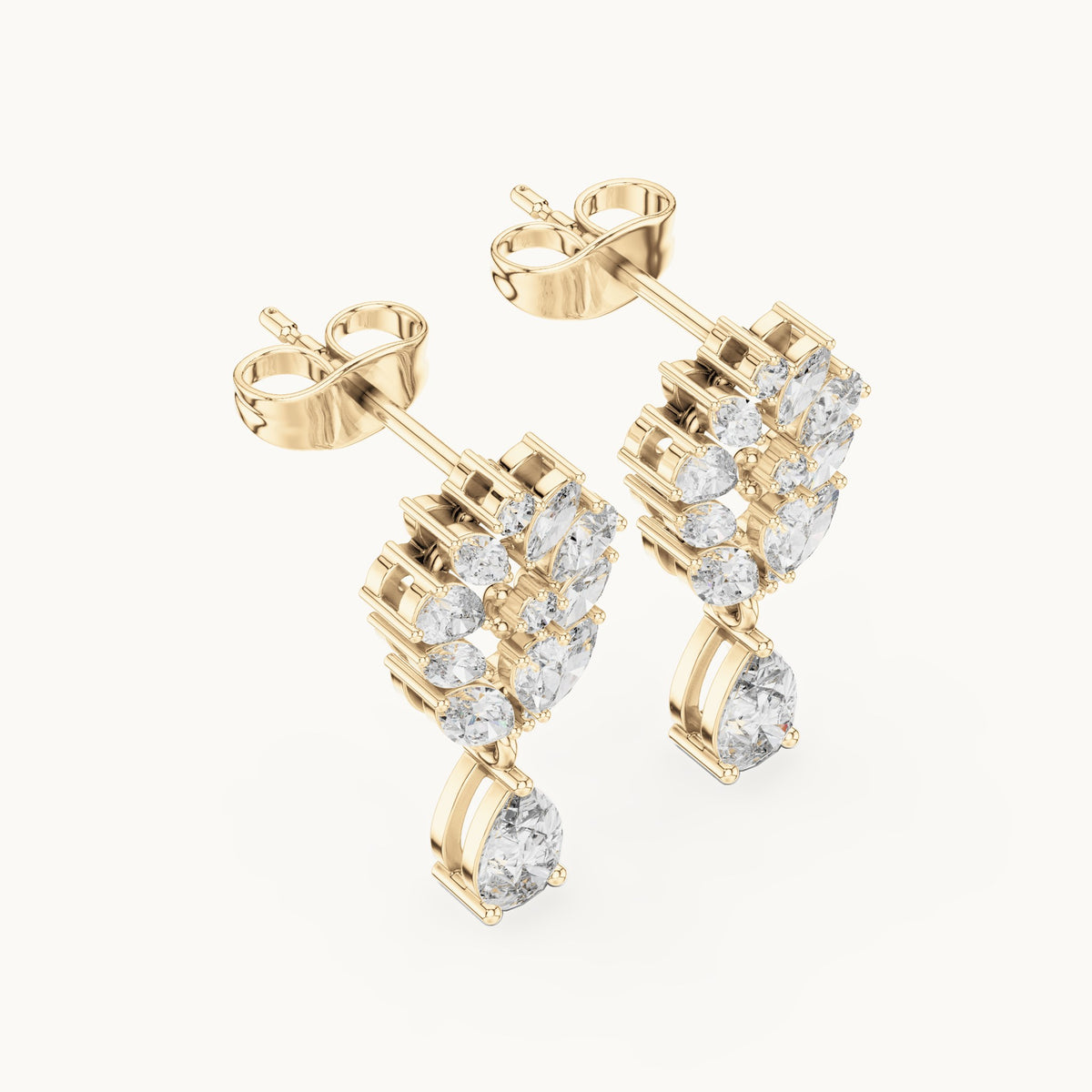 Pear, marquise and round lab-grown diamond cluster drop earrings in yellow gold, 1.18 CT TW, view 2