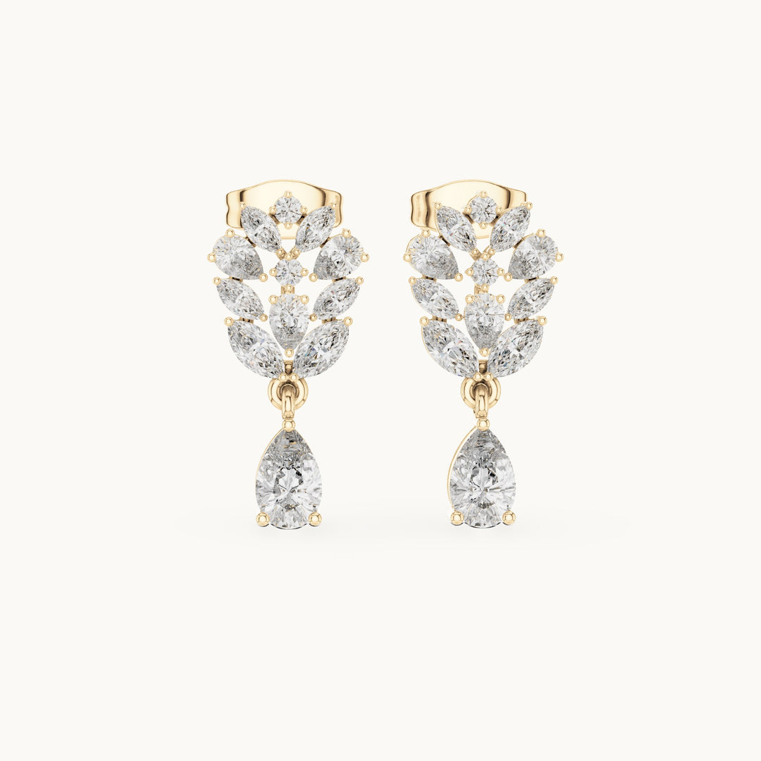 Pear, marquise and round lab-grown diamond cluster drop earrings in yellow gold, 1.18 CT TW, view 4