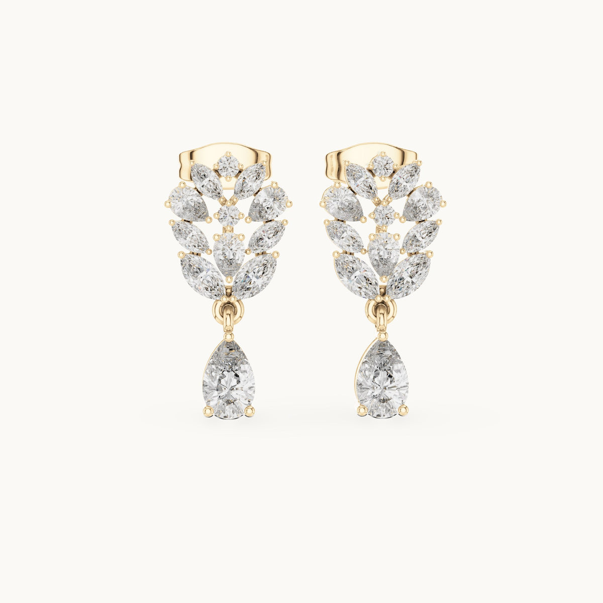 Pear, marquise and round lab-grown diamond cluster drop earrings in yellow gold, 1.18 CT TW, view 4