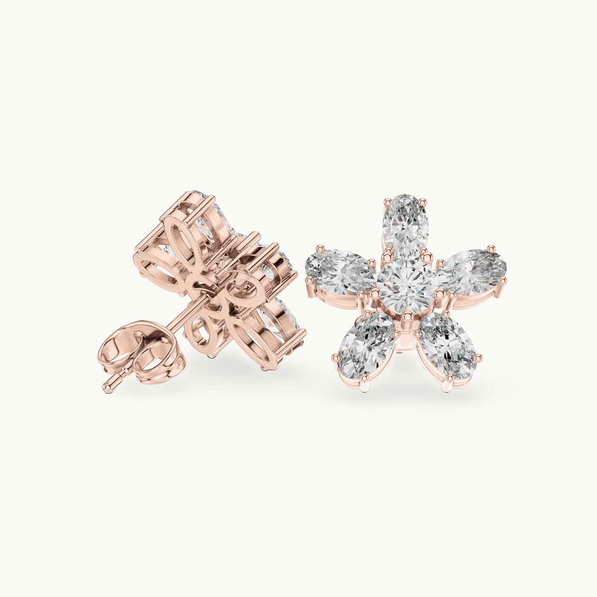 Oval and round lab-grown diamond flower stud earrings in rose gold, 2.31 CT TW, view 1