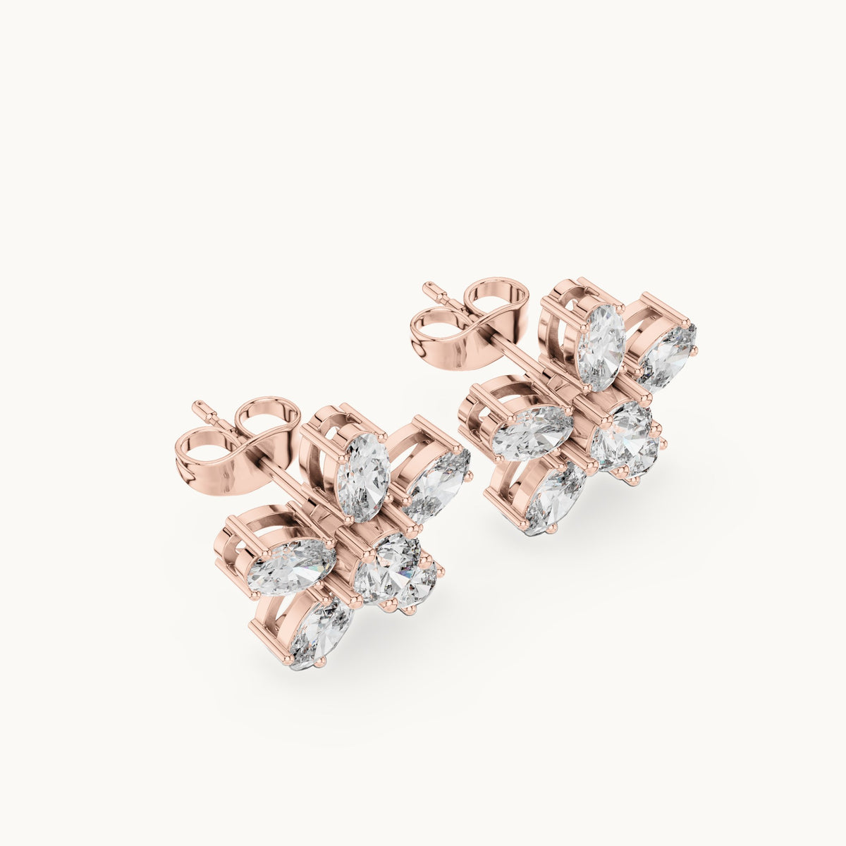 Oval and round lab-grown diamond flower stud earrings in rose gold, 2.31 CT TW, view 2