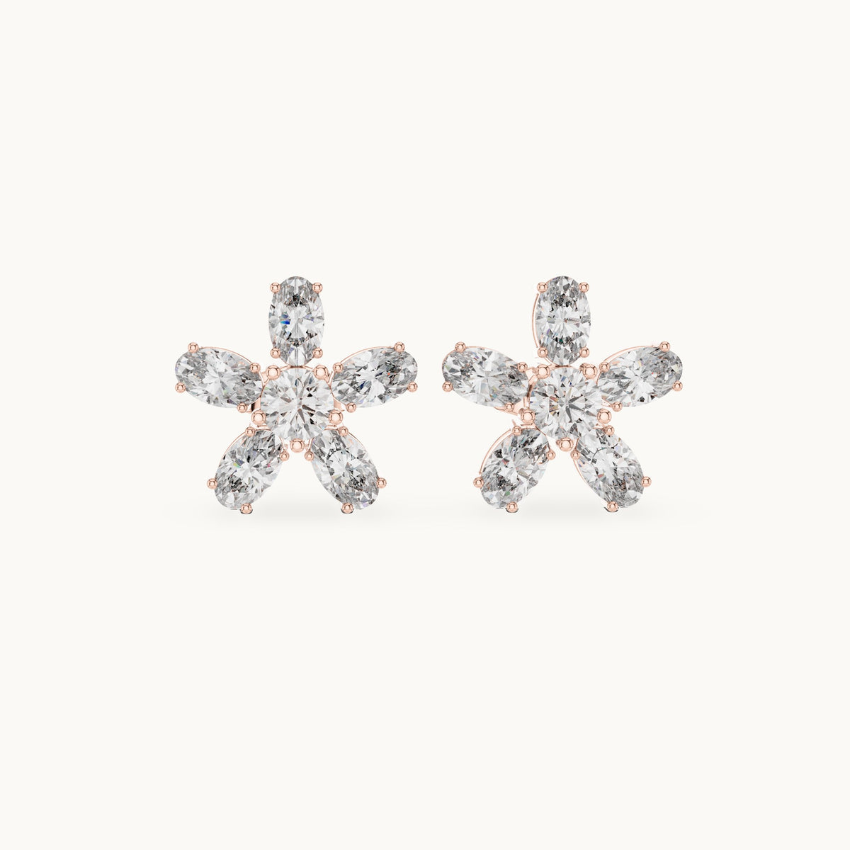 Oval and round lab-grown diamond flower stud earrings in rose gold, 2.31 CT TW, view 4