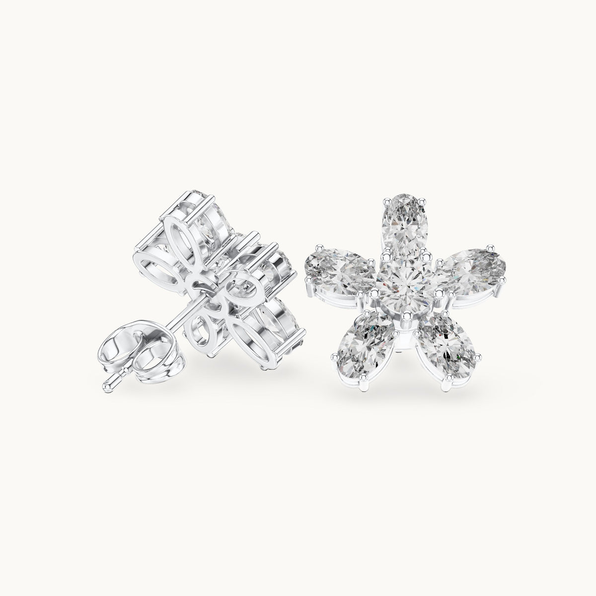 Oval and round lab-grown diamond flower stud earrings in white gold, 2.31 CT TW, view 1