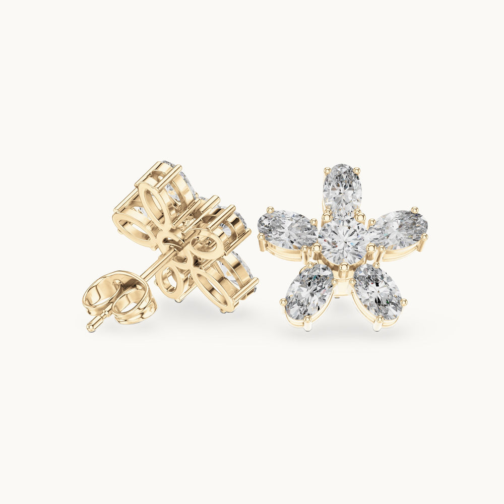 Oval and round lab-grown diamond flower stud earrings in yellow gold, 2.31 CT TW, view 1