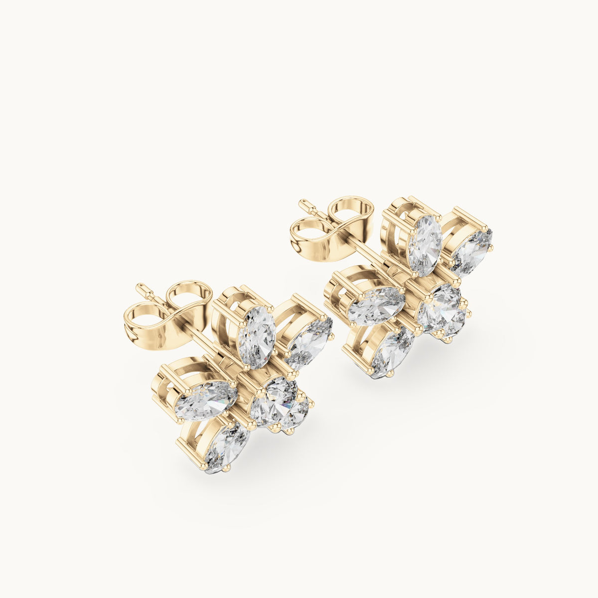 Oval and round lab-grown diamond flower stud earrings in yellow gold, 2.31 CT TW, view 2