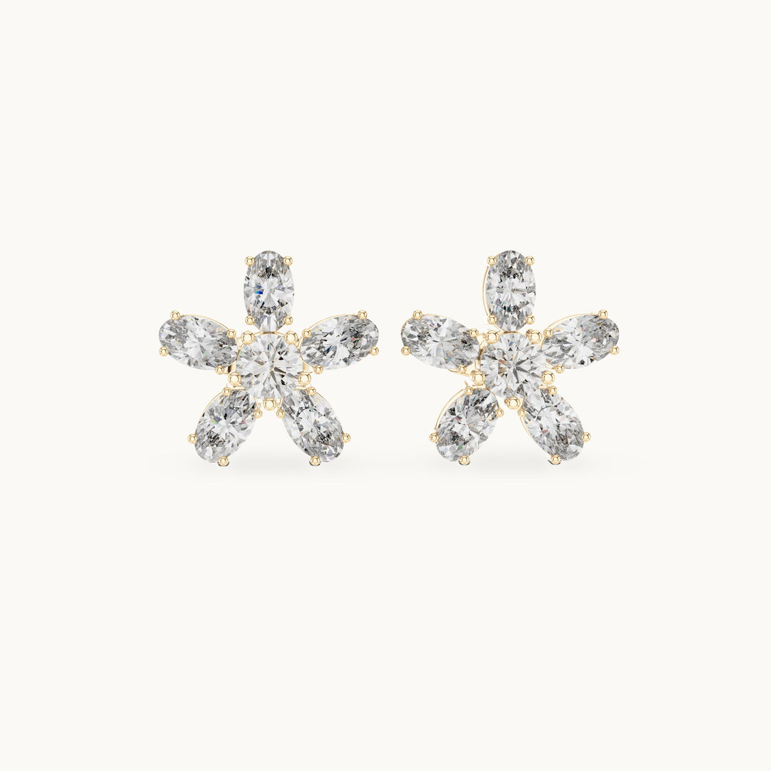 Oval and round lab-grown diamond flower stud earrings in yellow gold, 2.31 CT TW, view 4