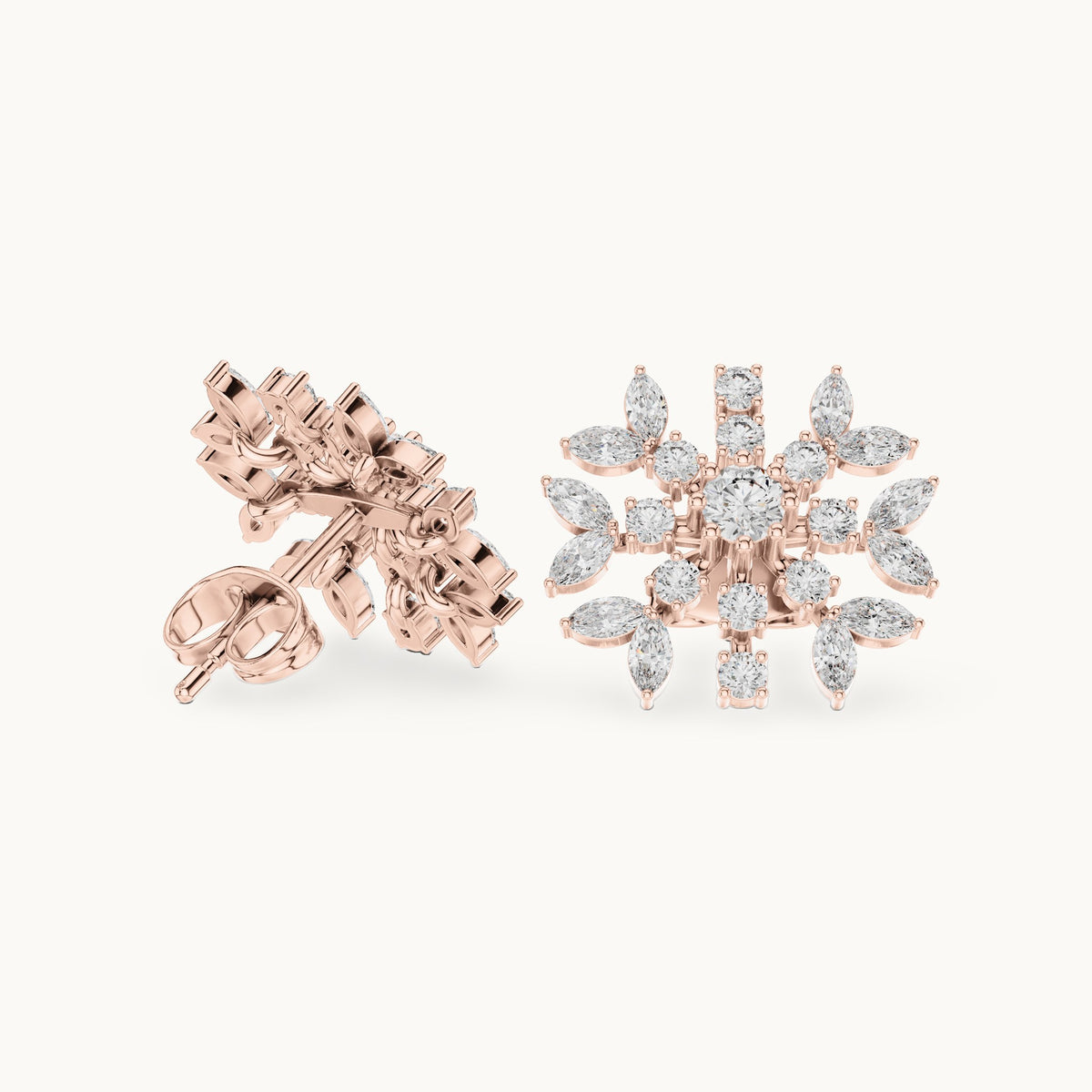 Round and marquise lab-grown diamond snowflake stud earrings in rose gold, 1.15 CT TW, view 1