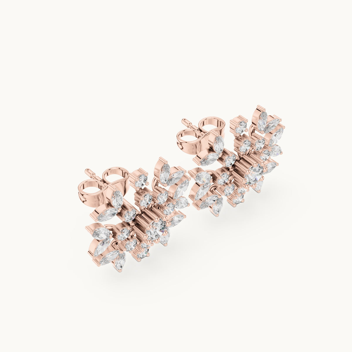 Round and marquise lab-grown diamond snowflake stud earrings in rose gold, 1.15 CT TW, view 2