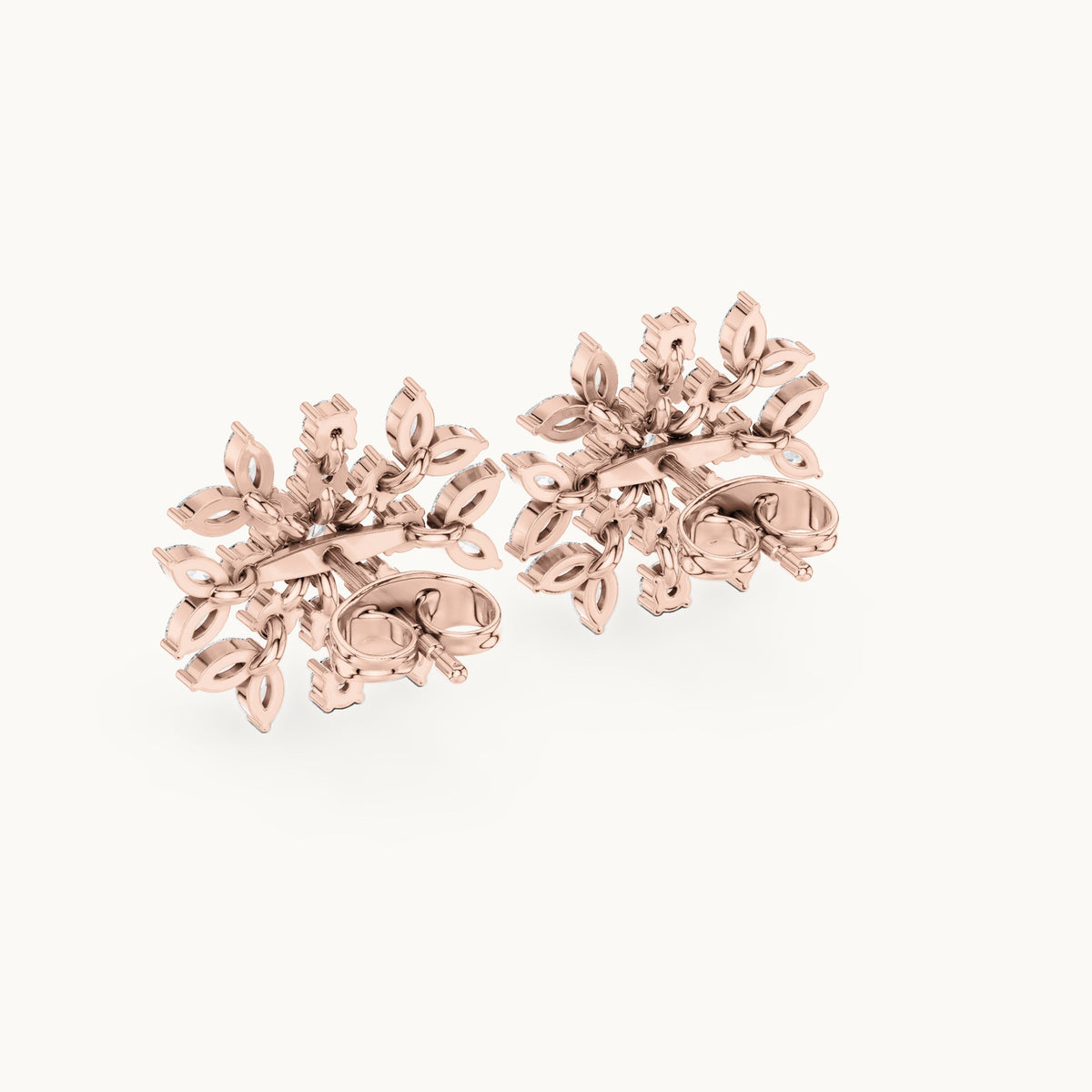 Round and marquise lab-grown diamond snowflake stud earrings in rose gold, 1.15 CT TW, view 3