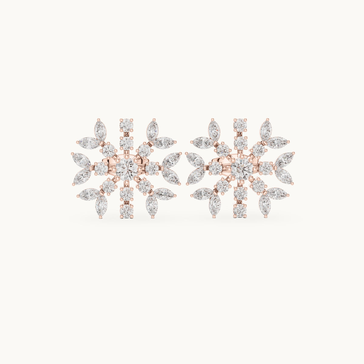Round and marquise lab-grown diamond snowflake stud earrings in rose gold, 1.15 CT TW, view 4