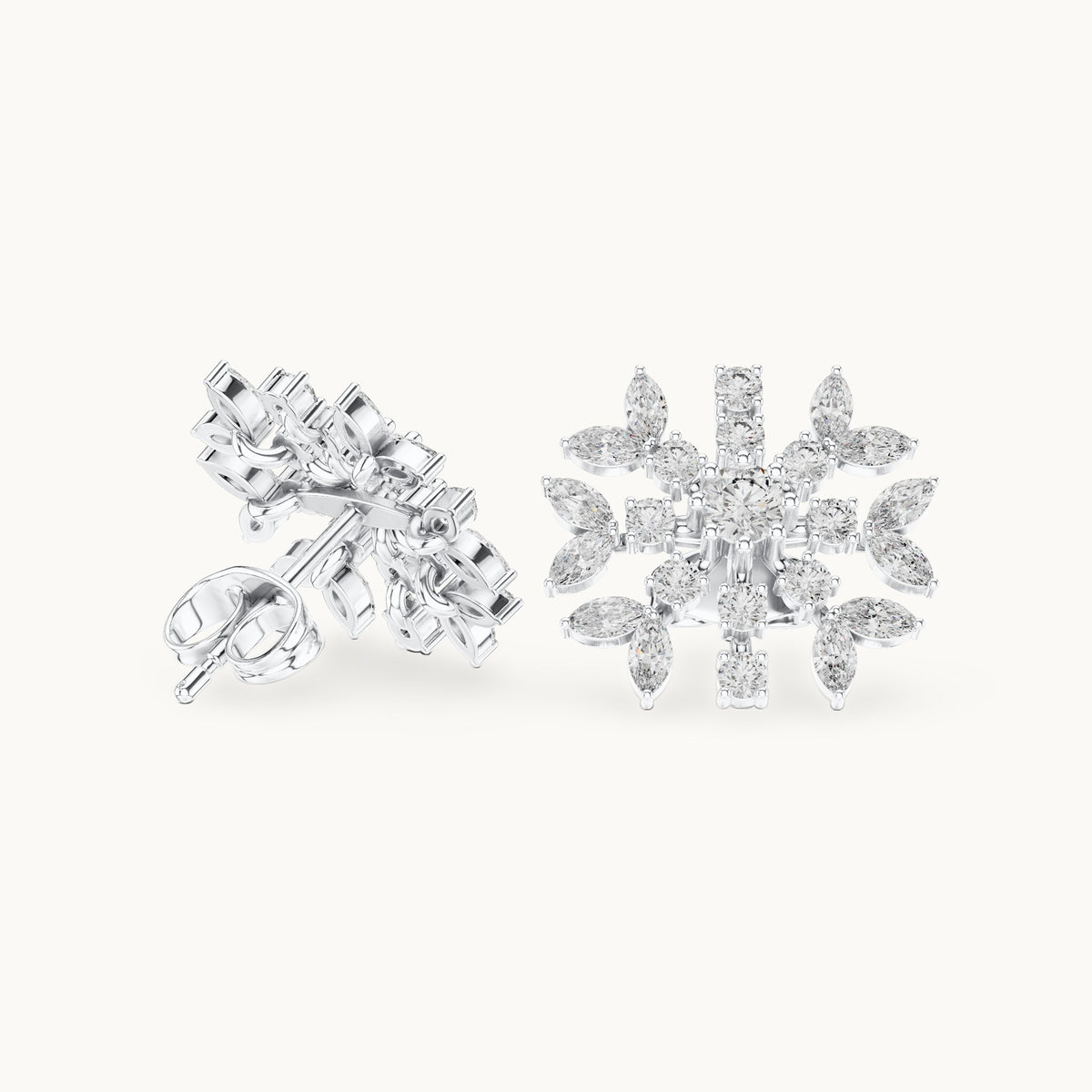Round and marquise lab-grown diamond snowflake stud earrings in white gold, 1.15 CT TW, view 1