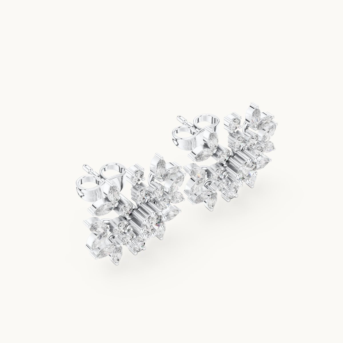Round and marquise lab-grown diamond snowflake stud earrings in white gold, 1.15 CT TW, view 2