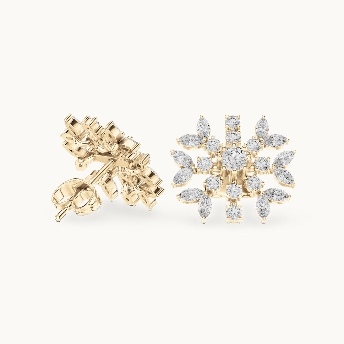 Round and marquise lab-grown diamond snowflake stud earrings in yellow gold, 1.15 CT TW, view 1