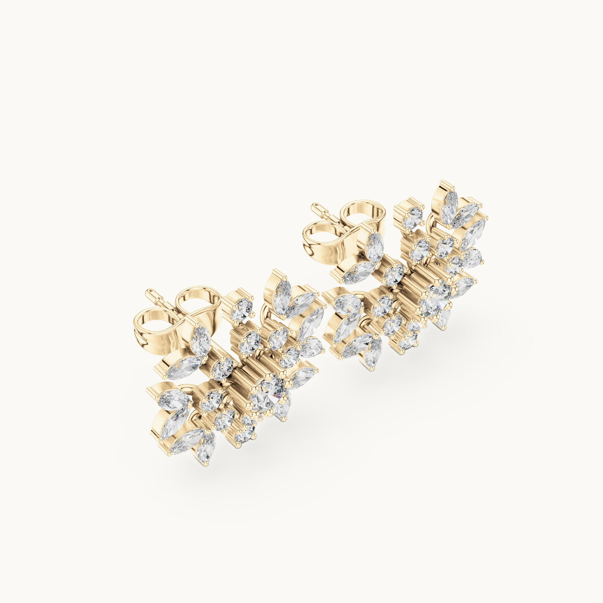 Round and marquise lab-grown diamond snowflake stud earrings in yellow gold, 1.15 CT TW, view 2