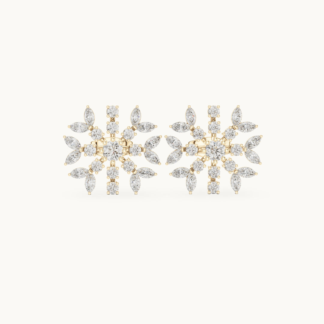 Round and marquise lab-grown diamond snowflake stud earrings in yellow gold, 1.15 CT TW, view 4