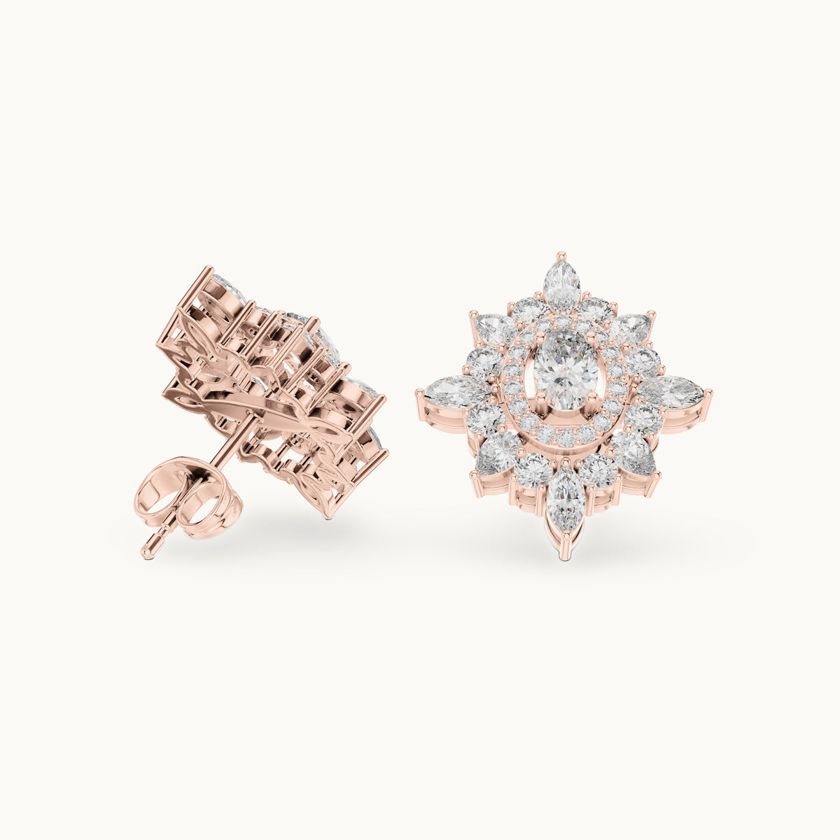 Round, oval and marquise lab-grown diamond starburst halo stud earrings in rose gold, 1.94 CT TW, view 1