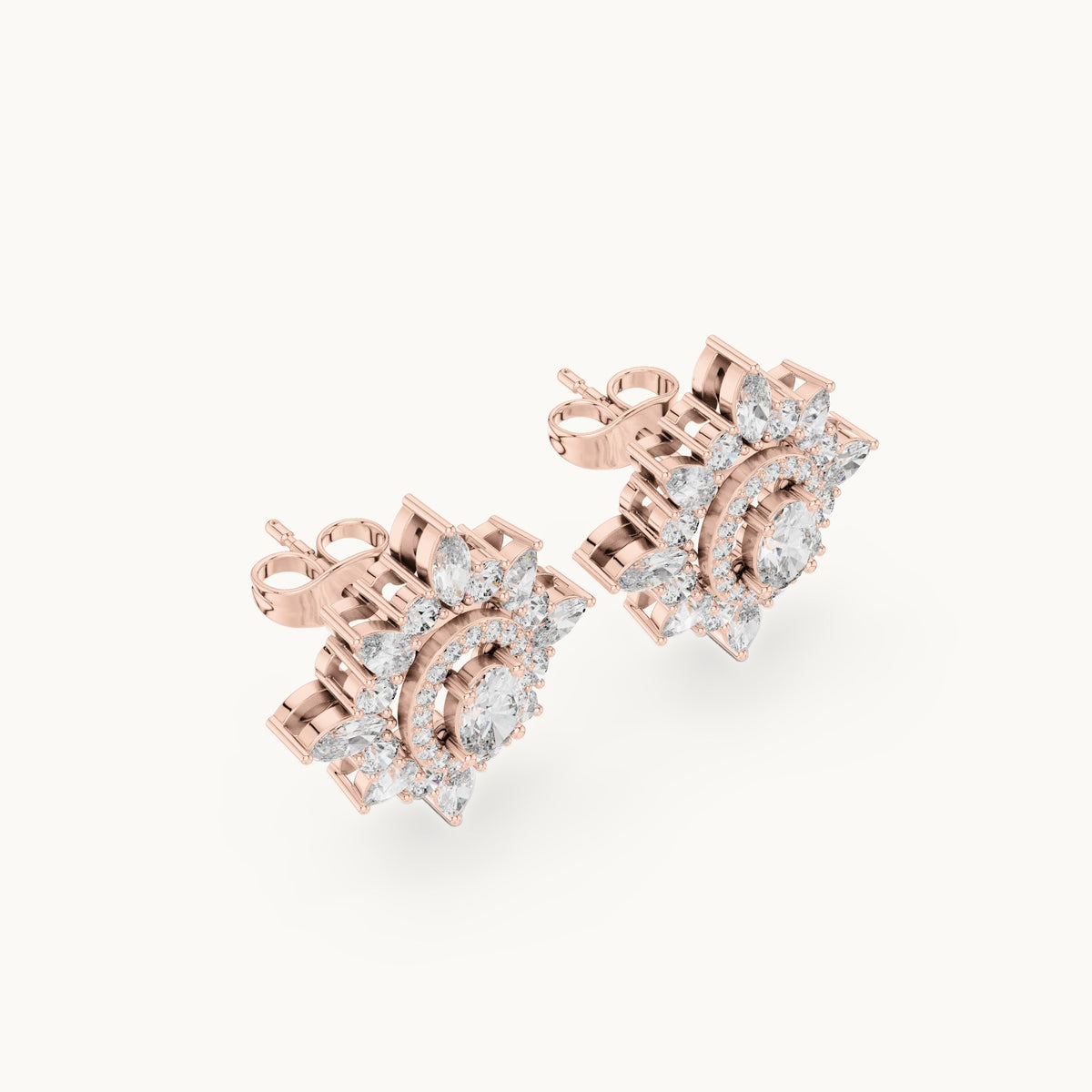 Round, oval and marquise lab-grown diamond starburst halo stud earrings in rose gold, 1.94 CT TW, view 2