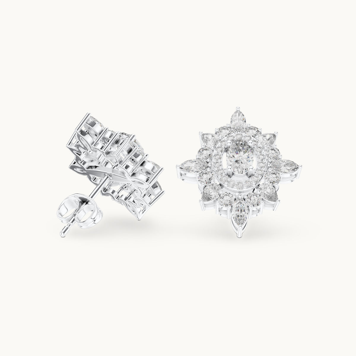 Round, oval and marquise lab-grown diamond starburst halo stud earrings in white gold, 1.94 CT TW, view 1