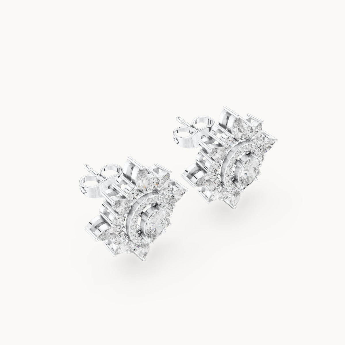 Round, oval and marquise lab-grown diamond starburst halo stud earrings in white gold, 1.94 CT TW, view 2