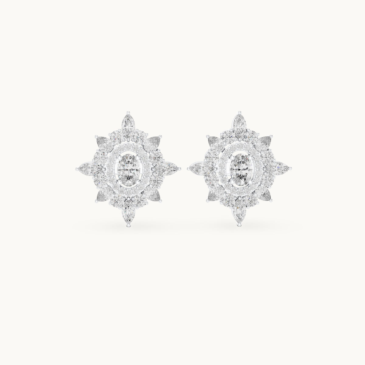Round, oval and marquise lab-grown diamond starburst halo stud earrings in white gold, 1.94 CT TW, view 4