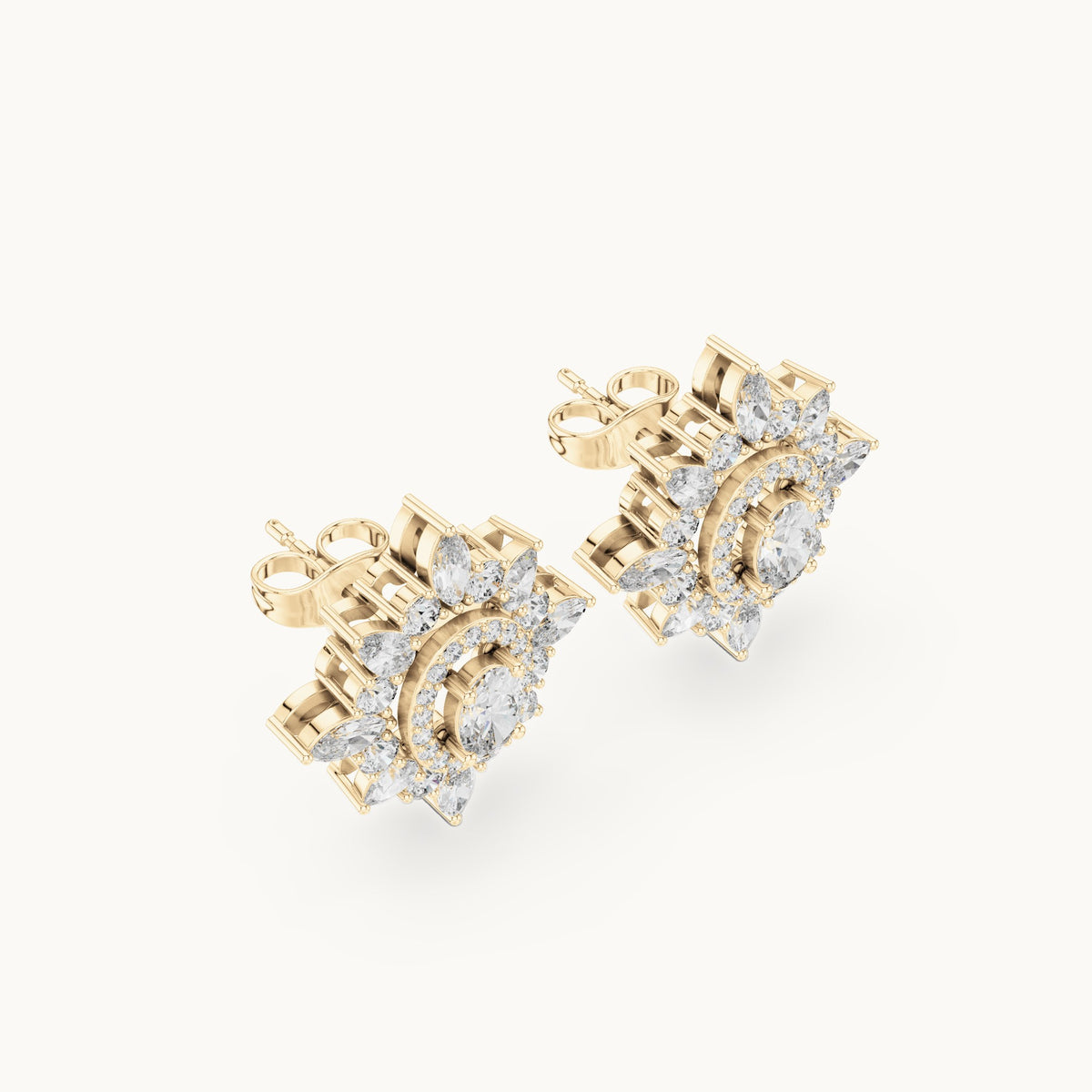 Round, oval and marquise lab-grown diamond starburst halo stud earrings in yellow gold, 1.94 CT TW, view 2