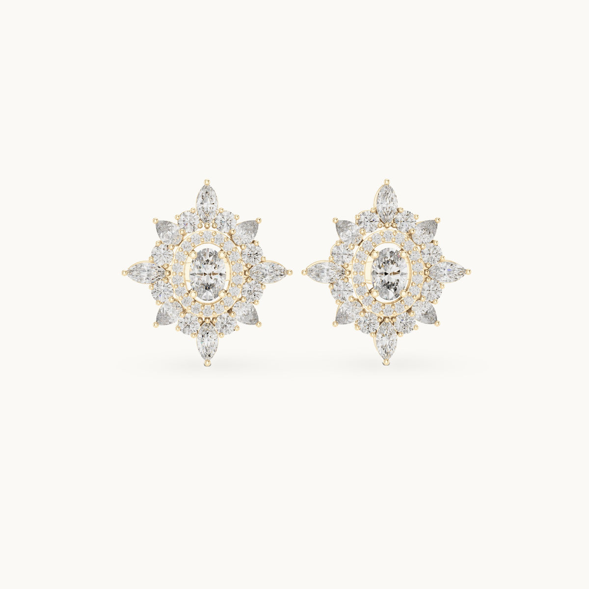 Round, oval and marquise lab-grown diamond starburst halo stud earrings in yellow gold, 1.94 CT TW, view 4