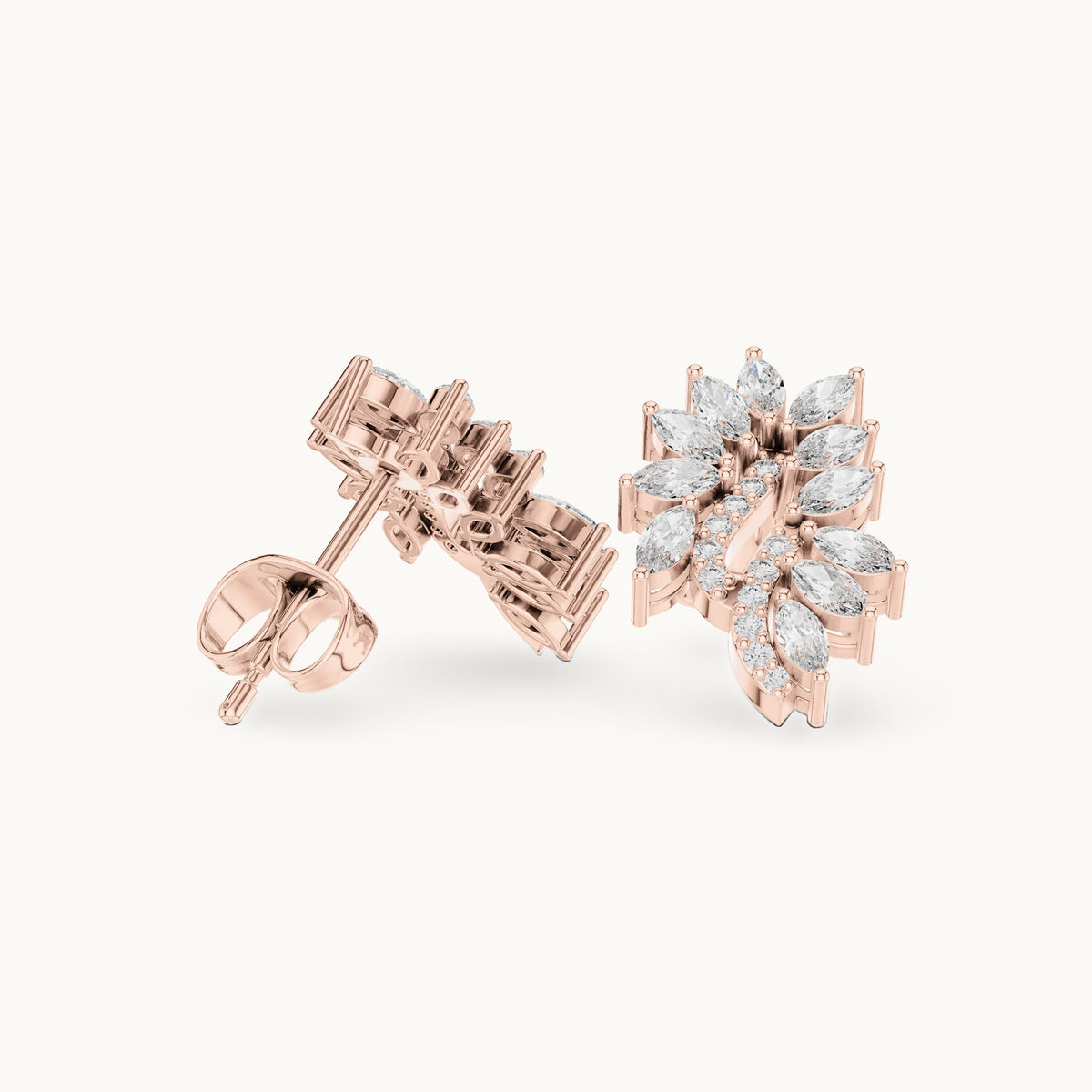 Marquise and round lab-grown diamond leaf cluster stud earrings in rose gold, 0.61 CT TW, view 1