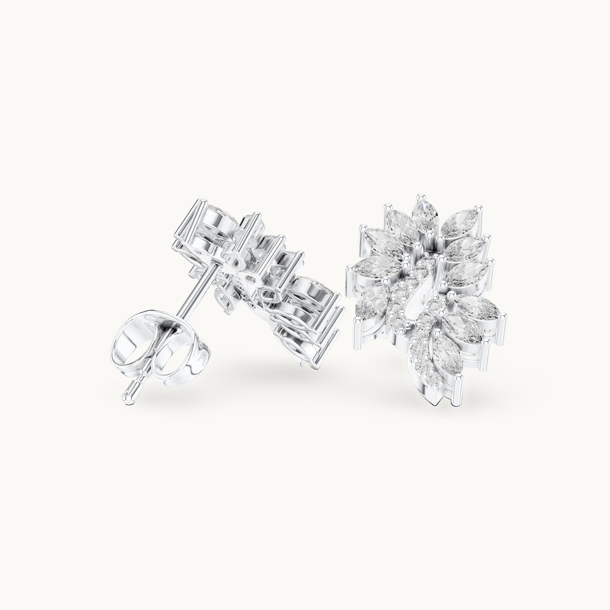 Marquise and round lab-grown diamond leaf cluster stud earrings in white gold, 0.61 CT TW, view 1