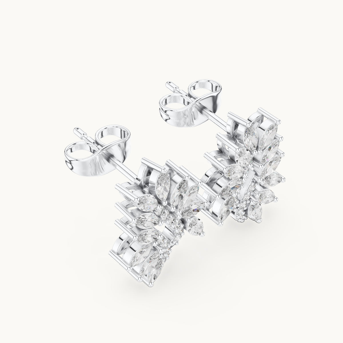 Marquise and round lab-grown diamond leaf cluster stud earrings in white gold, 0.61 CT TW, view 2